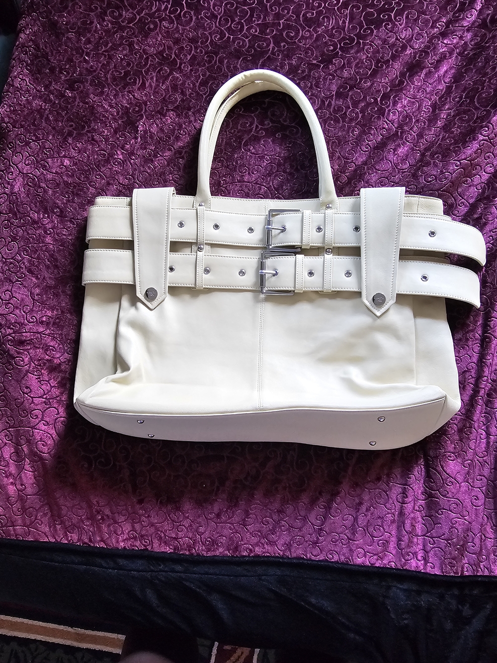 Structured Cream Real Leather Buckle Tote - Elegant Everyday Carry